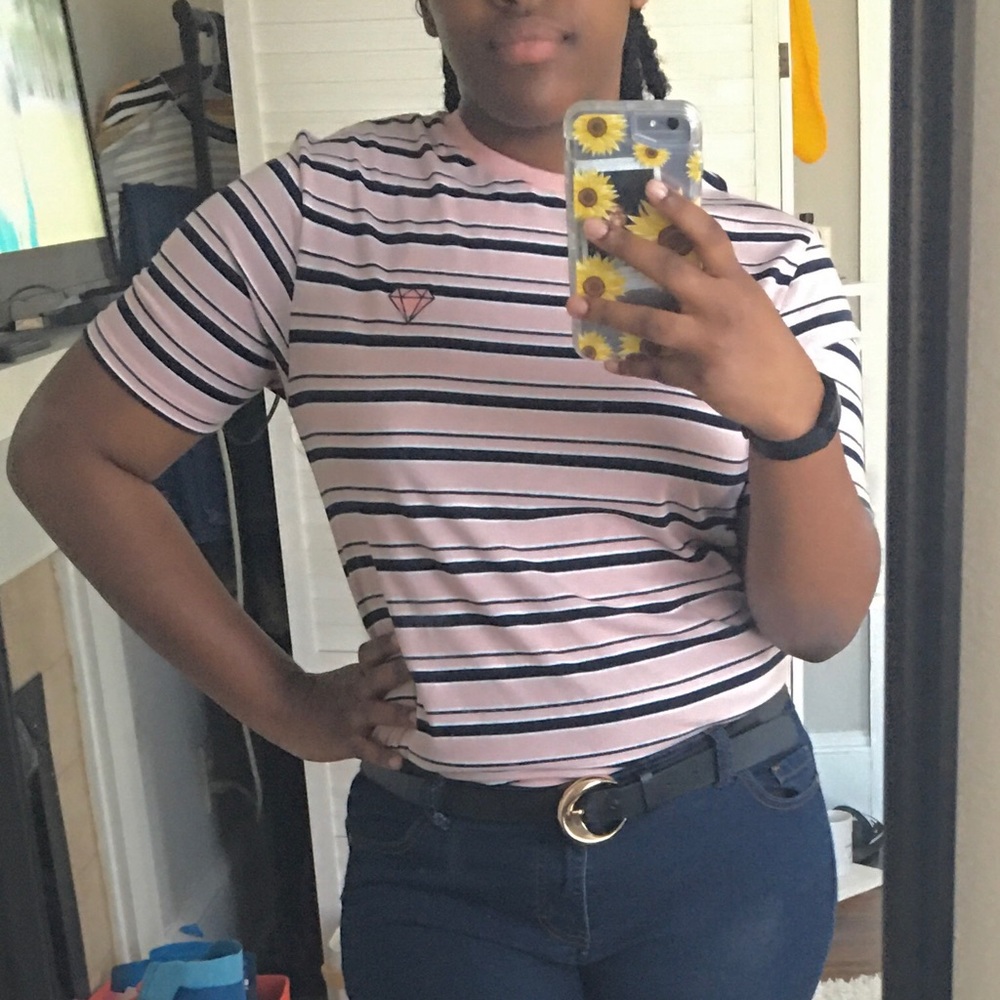 VALA pink black and white striped shirt